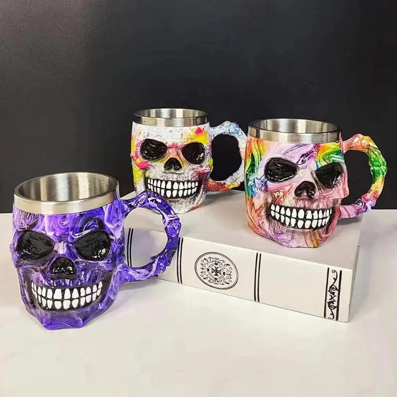 

Halloween Coffee Mug Spooky Skeleton Beer Cup Punk Skull Cup Resin Skeleton Head Water Cup Stainless Steel Skull Drink Cup For