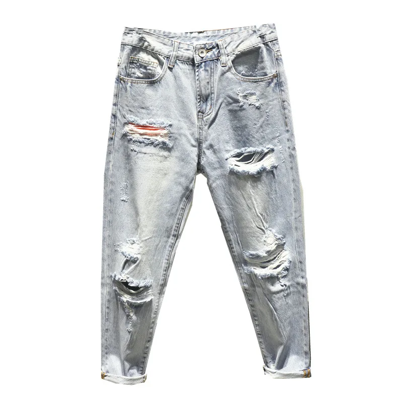 

Fashion 2022 Denim Hip Hop Hole Loose Brushed Pierced Hole Beggar Pants Men's Trendy Brand Light-colored Washed Denim Jeans Men