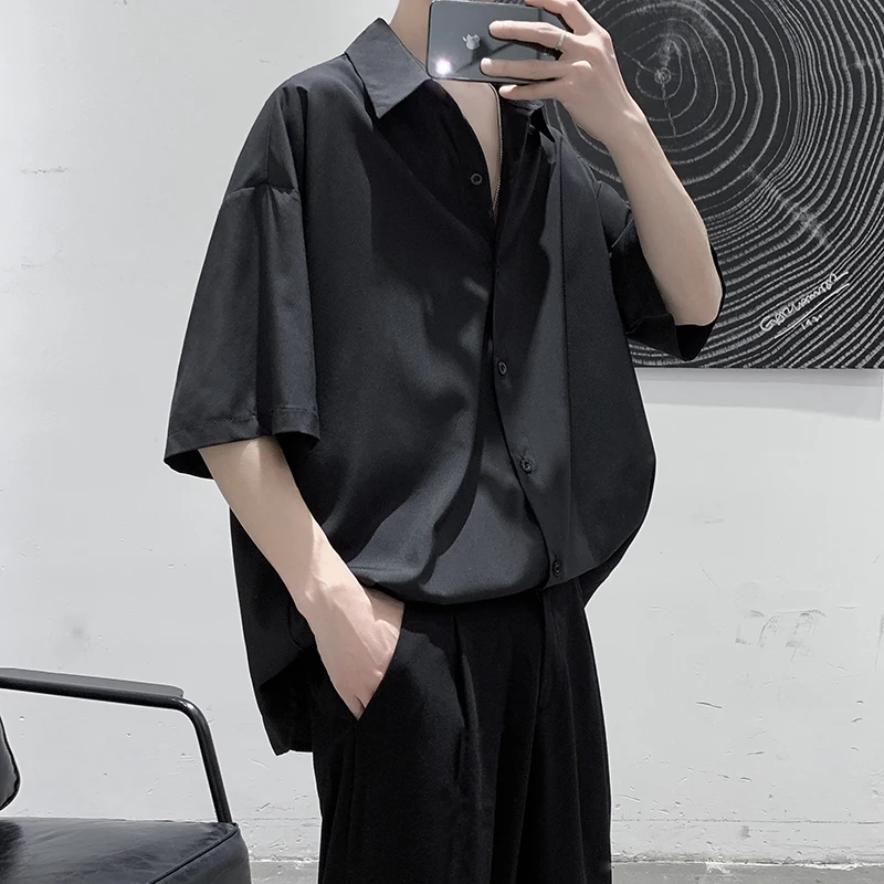 Мужские однотонные рубашки YASUGUOJI, летняя корейская мода 2022, рубашка с рукавом три четверти, мужские повседневные топы оверсайз, мужская одеж...