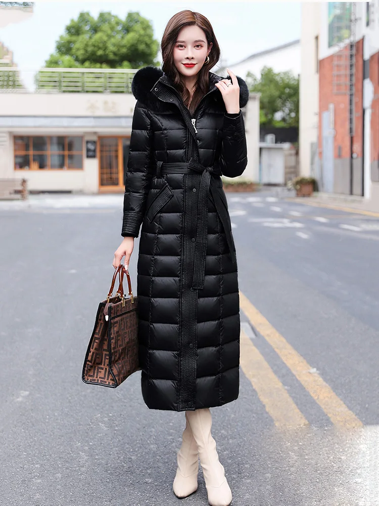 New Women Thicken Down Coat Winter Fashion Real Fox Fur Collar Hooded Lengthened Belt Down Jacket Keep Warm Slim Overcoat Female