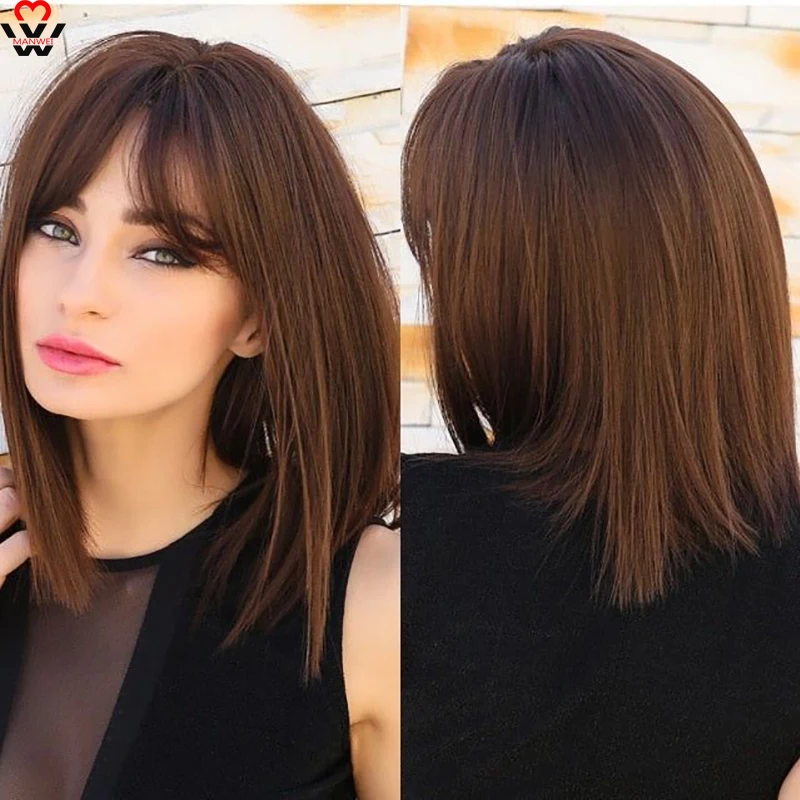 MANWEI Shoulder Length Synthetic Wig With Bang Chocolate Hair Wigs Natural Wig For Women Daily Hairstyle