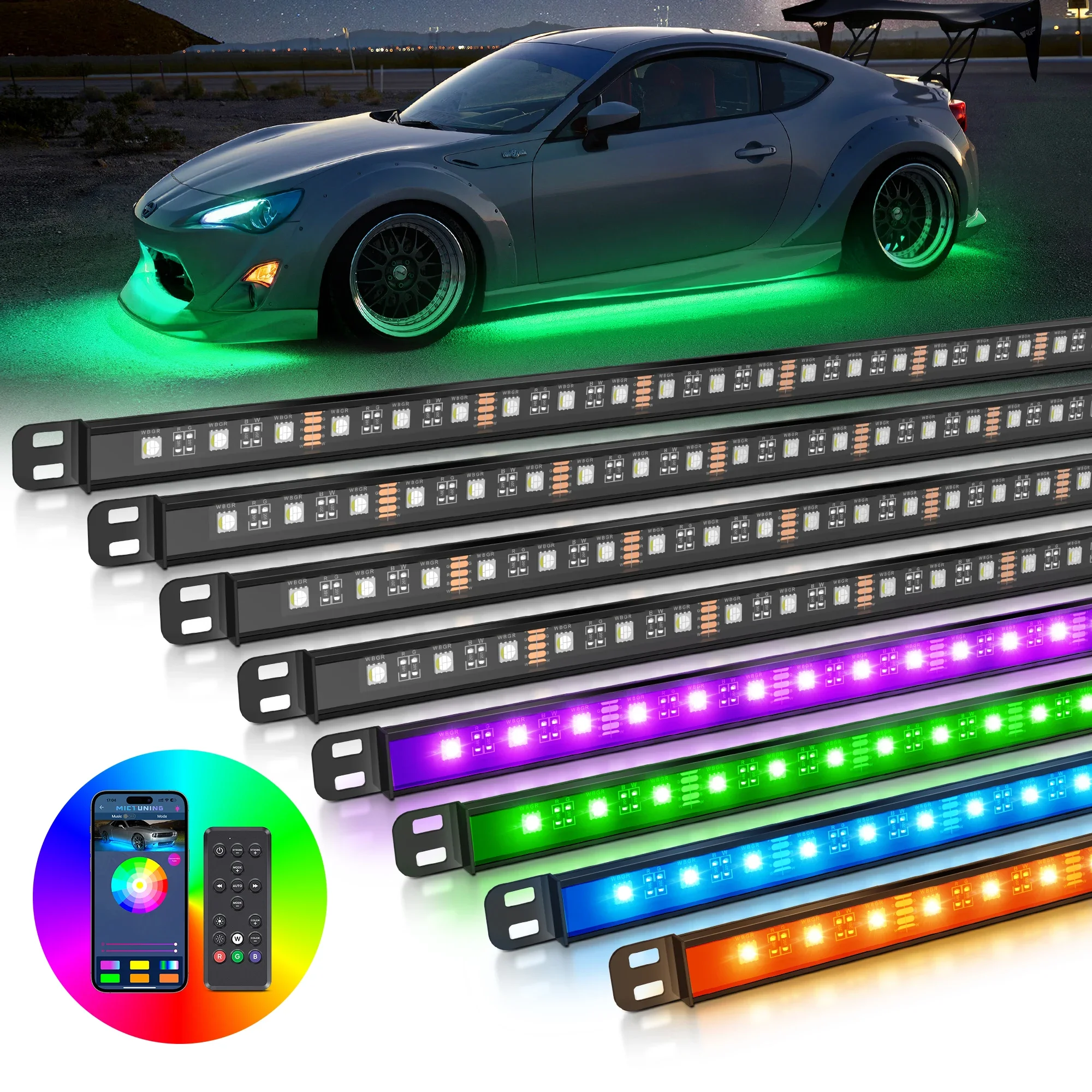 

MICTUNING N8 Автомобильные подсветные полосы RGBW со светодиодной подсветкой и беспроводным приложением и пультом дистанционного управления, автоматические RGB атмосферные декоративные лампы