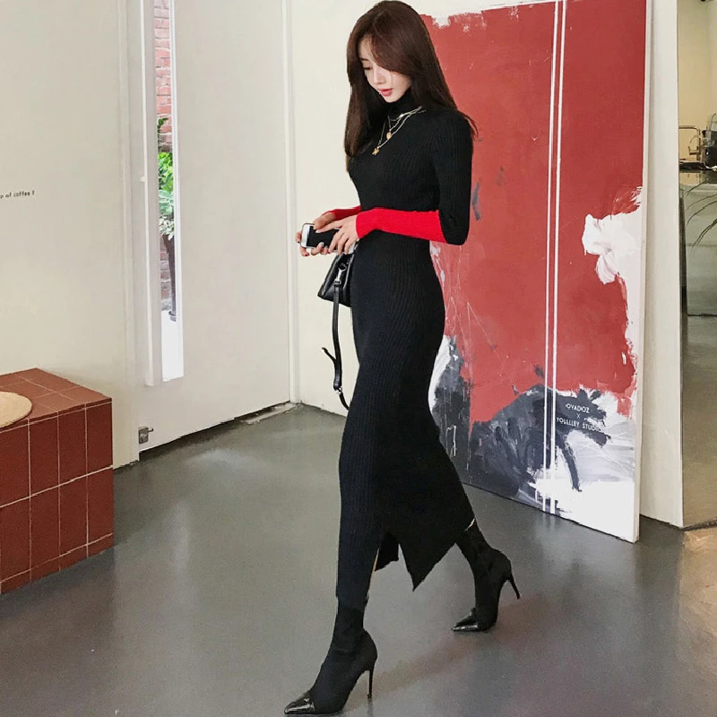 

Женское офисное цельнокроеное платье, зимнее вязаное платье, женское повседневное элегантное платье-свитер средней длины на пуговицах с дл...