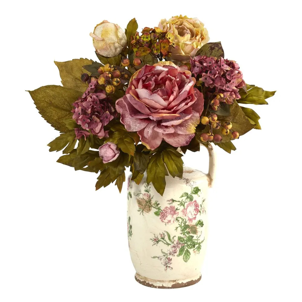 

18in. Peony Artificial Arrangement in Floral Pitcher, Pink