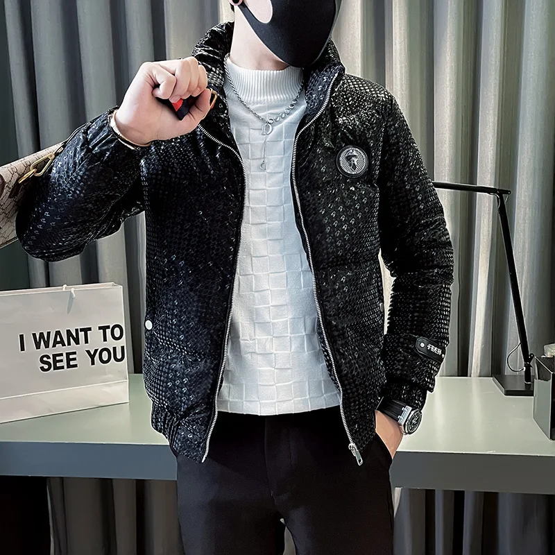 Winter Luxurious Sequin Men Jackets Thicken Warm Stand Collar Casual Puffer Parkas Overcoat Windproof Streetwear Men Clothing