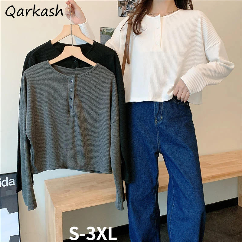 

Укороченные футболки для женщин, 3 цвета, s, весна, пуговицы, простой однотонный, свободный, подходящий ко всему, женский колледж, классически...