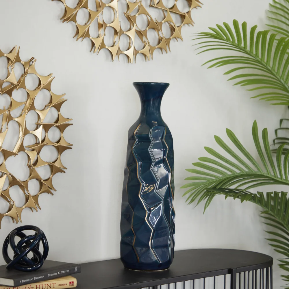 

BOUSSAC 21" Faceted Blue Ceramic Vase with Gold Accents, Home Decoration, Office Decoration, Vase Decoration Home, Vases