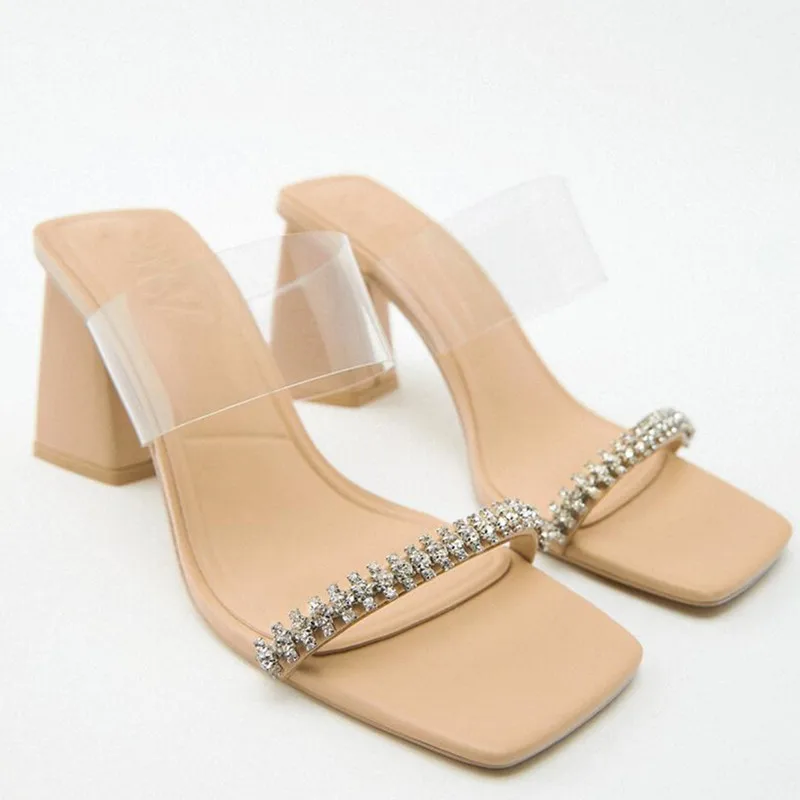 TRAF Summer High Heels Women Rhinestone Heeled Heels Woman Pumps Open Toe Transparent One Chunky Heel Sandals Lady Shoes