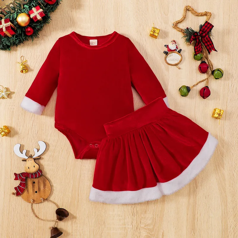 

Рождественский комплект с юбкой для маленьких девочек, осенне-зимняя одежда, комбинезон с длинным рукавом и круглым вырезом и плиссированн...