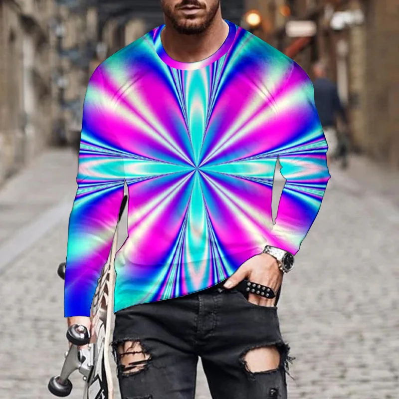 

Autumn 3D Colorful Print Long Sleeve Round Neck T-shirt Casual Unisex Street Y2K Fashion Retro Men's O-Neck Long Sleeve T-shirt