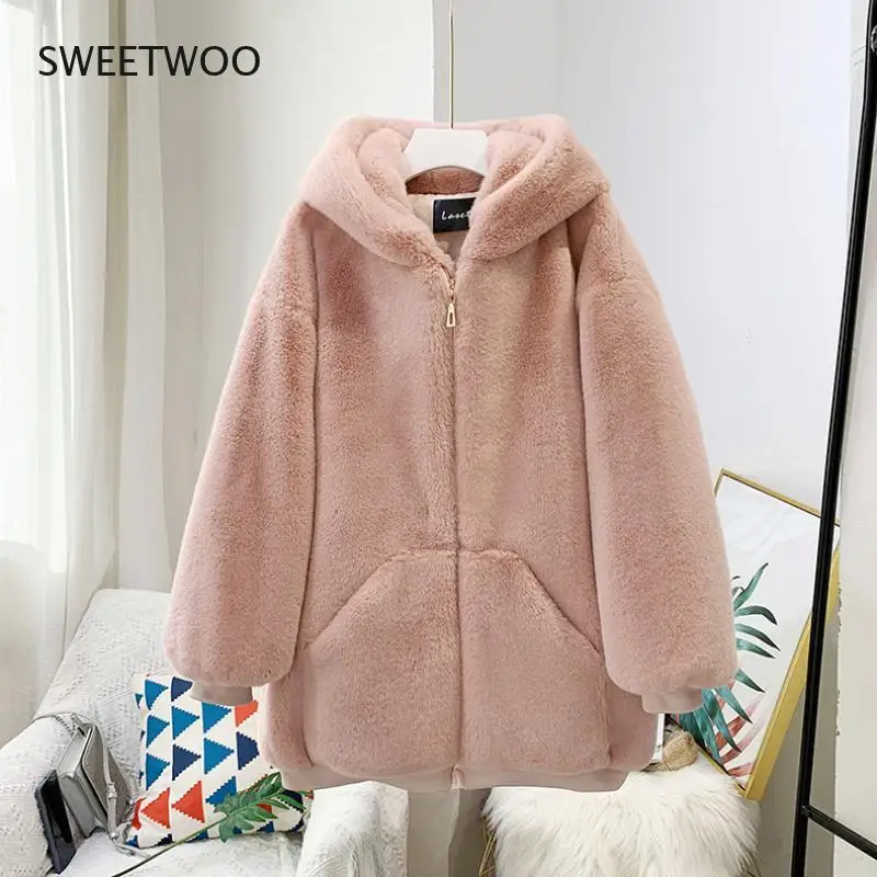Fashion Plush Coat Women's Winter Imitation Rex Rabbit Fur Grass Loose Medium Length 2022 New Hooded Thickened Coat