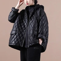 korean loose plus size womens literary and artistic thickening quilted pu leather jacket womens spring autumn hooded jacket