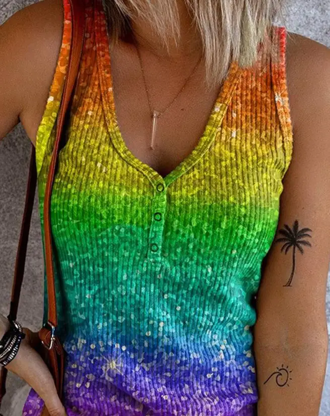 

Top Women 2023 Summer New Fashion Sexy Casual Ombre Buttoned V-Neck Sleeveless Daily Tank Top Y2K Versatile Basics Streetwear