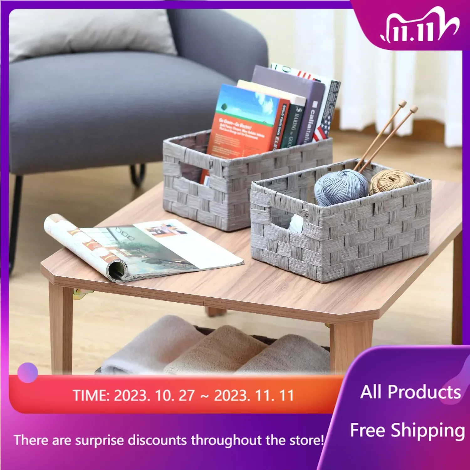 

Grey Paper Rope Storage Basket Set with Handles, 3 Piece Storage Baskets Home Organization and Storage