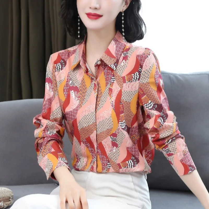 Fashion Lapel Button All-match Printed Korean Shirt Women's Clothing 2023 Spring New Casual Tops Long Sleeve Office Lady Blouse