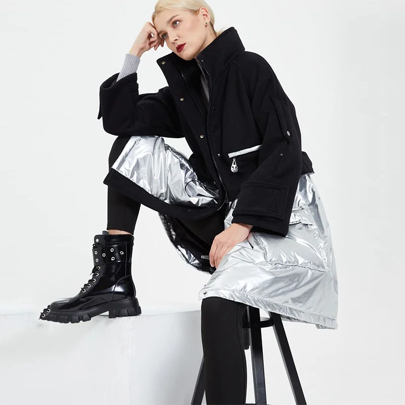 Real Shot Stitching High-End Wool Down Jacket Women 2022 Winter New Trend Loose Thick Warm 90 White Duck Down Coats Female