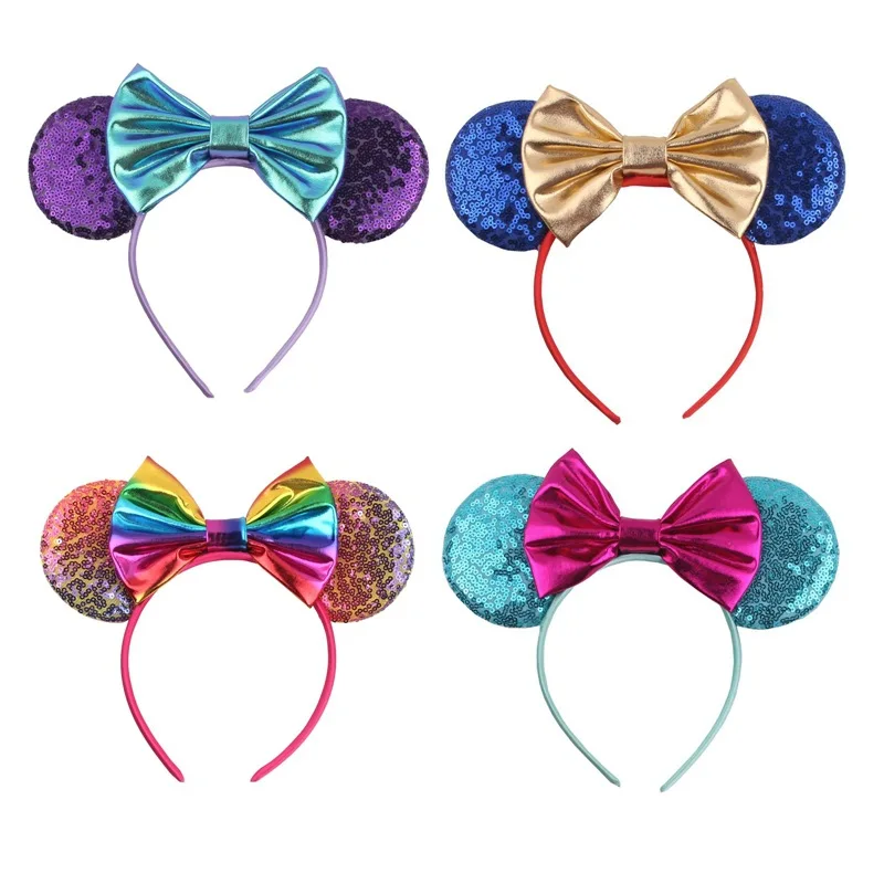 

Disney Glitter Crown Hairband Girls Princess Party Headwear Sequins Mouse Ears Bow Headband Hair Accessories Kids Boutique Gifts