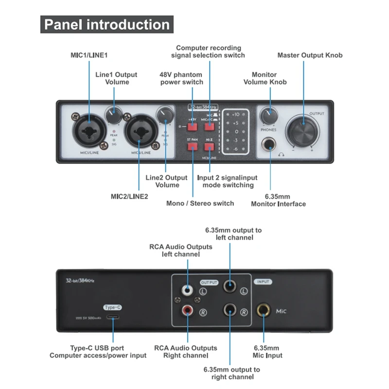 Audio Interface Sound Card Metal 2 In Out USB Computer Driver-Free Live Recording Karaoke Mixer