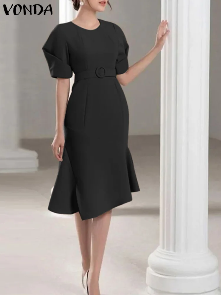 

2023 VONDA Elegant Women Summer Dress O-Neck Solid Color Midi Sundress Fashion Casual Short Sleeve Belted Ruffled Party Robe
