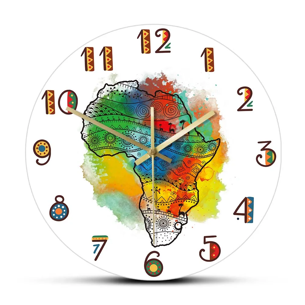 

African Map Color Printed Wall Clock For Office Room Tribal Tattoo Africa Art Map Modern Design Home Decor Dark Continent Clock