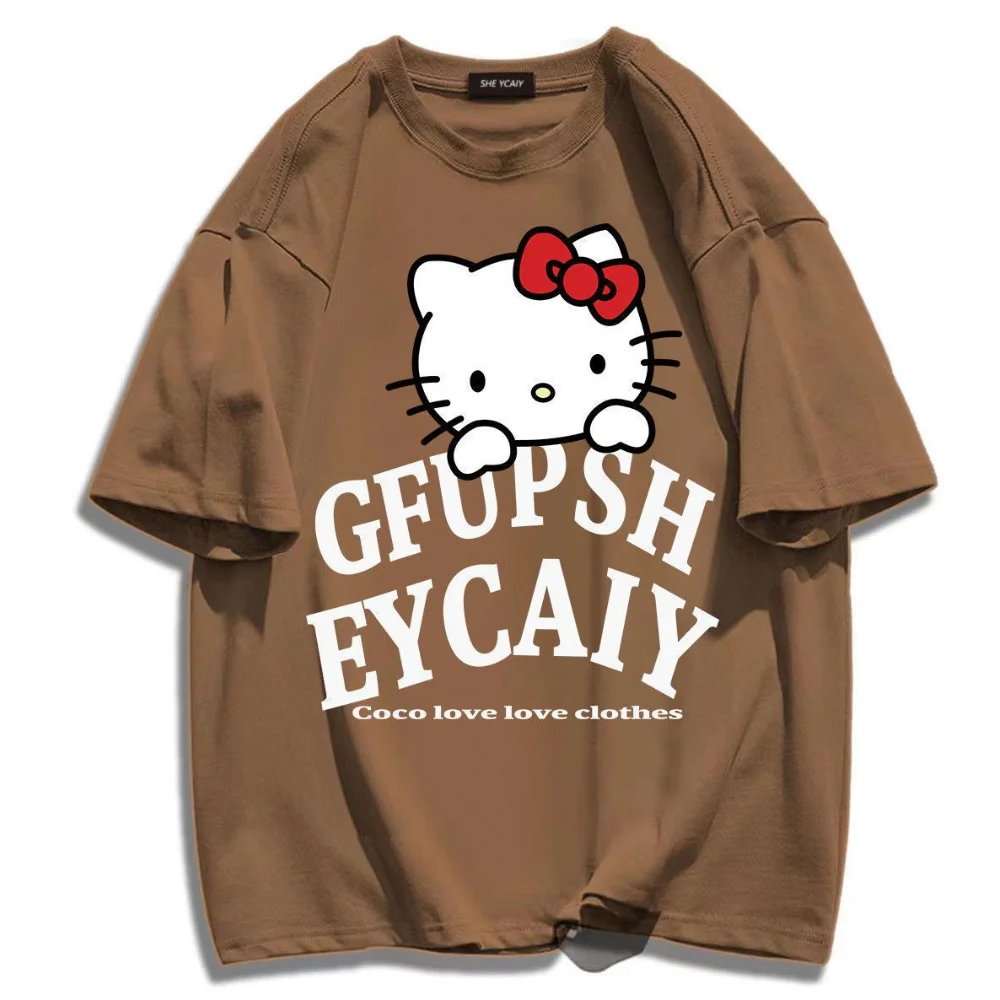 Kawaii Sanrio Hello Kitty Summer Short Sleeve T-Shirt Anime Soft Cotton Clothes Tops Couple Casual Loose Clothing Tees 3 Colors