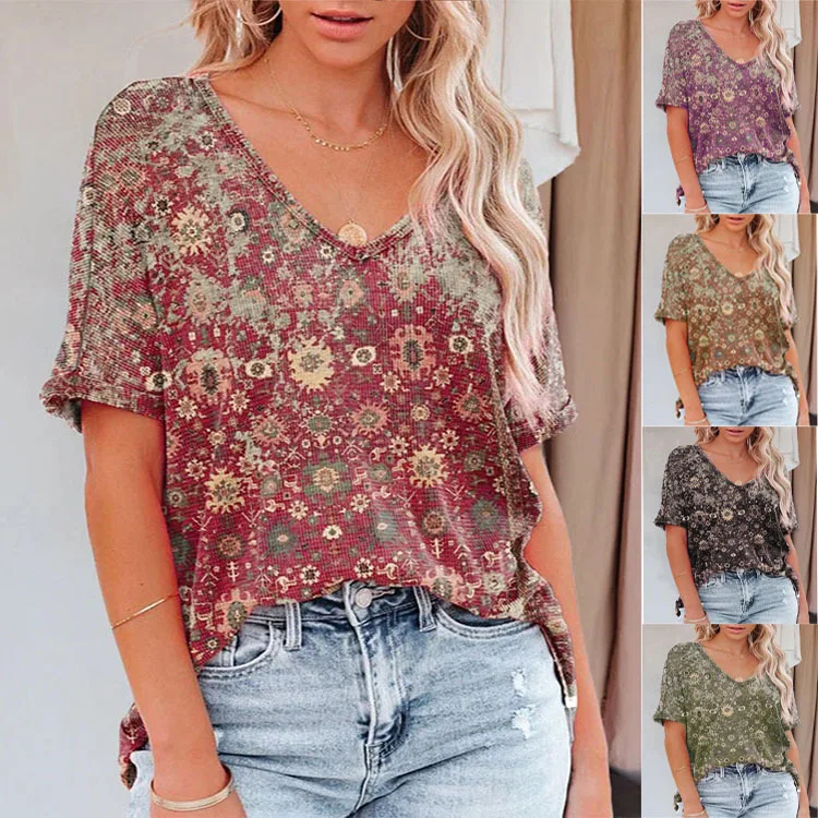 

Женская футболка с коротким рукавом, V-образным вырезом и принтом