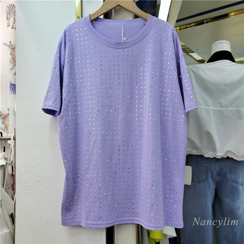 

2022 Summer New Hot Rhinestone T-Shirt for Women Round Neck Short Sleeve Casual Solid Color Tee Female Fashion Loose Top