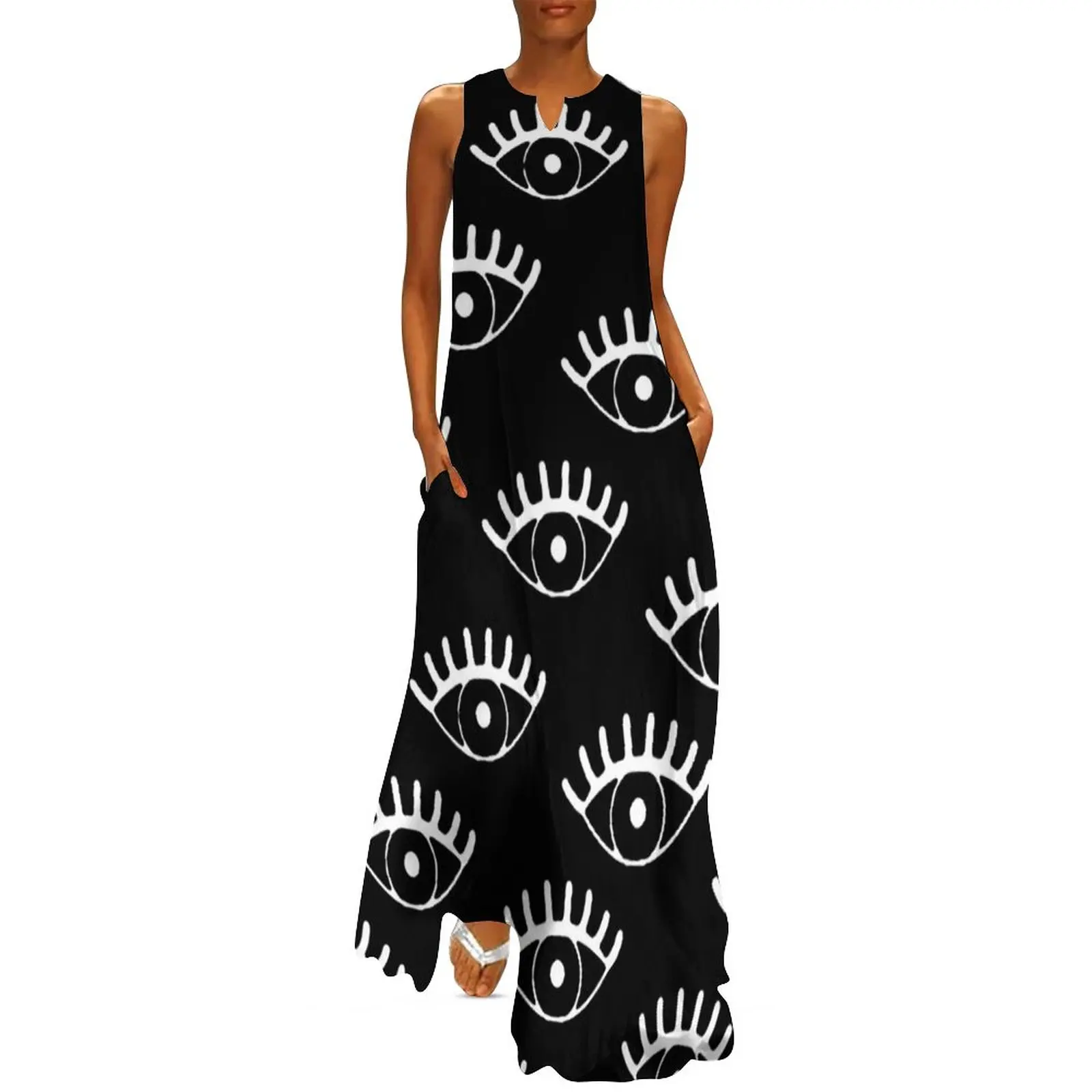 

White Eyes Dress Funny Vector Ojos Vintage Maxi Dress Sleeveless Printed Boho Beach Long Dresses Aesthetic Oversized Vestidos