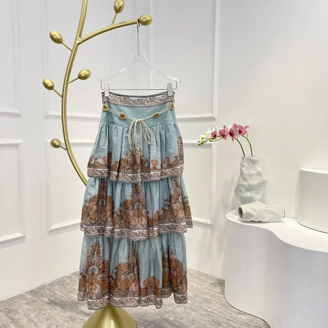 Self Bow Tie 2024 синяя юбка-миди Ramie с принтом пейсли каскадная плиссированная и блузка