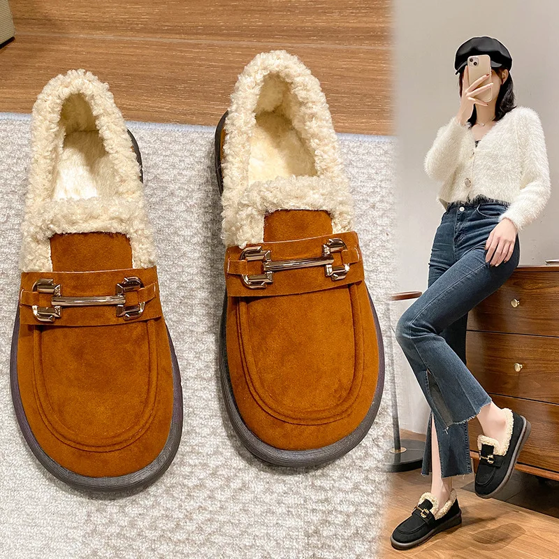 Зимняя женская хлопковая обувь на плоской подошве теплая плюшевая повседневная