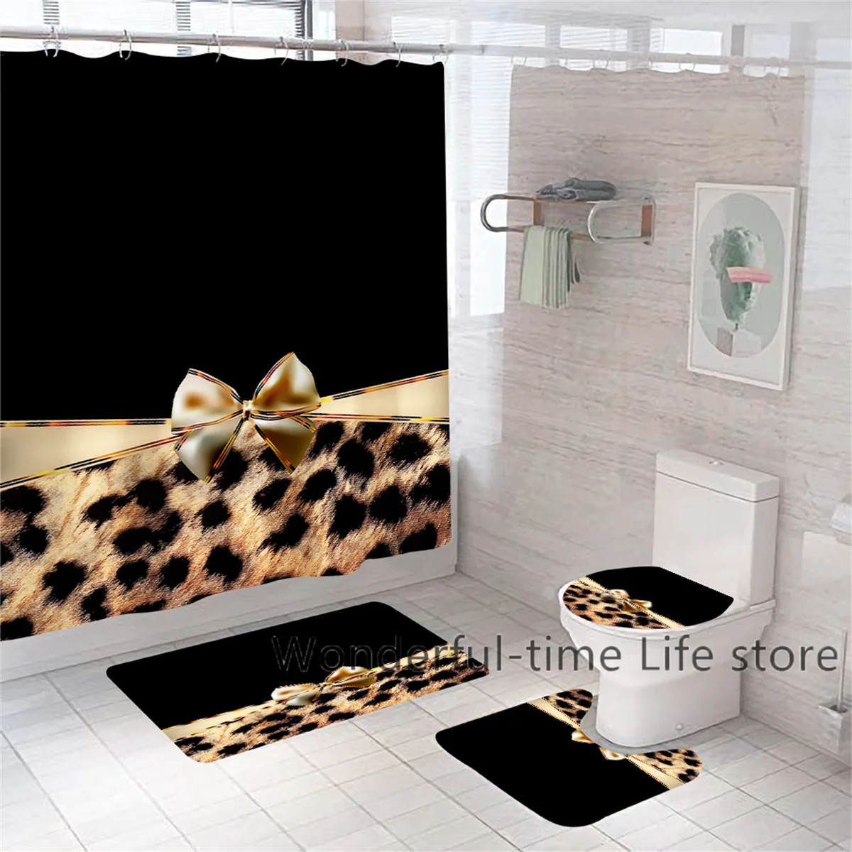 Leopard Print Bow Tie Waterproof Bath Shower Curtain Nordic Style Anti-Peeping For Bathroom Machine Wash Carpet Rug Sets Luxury