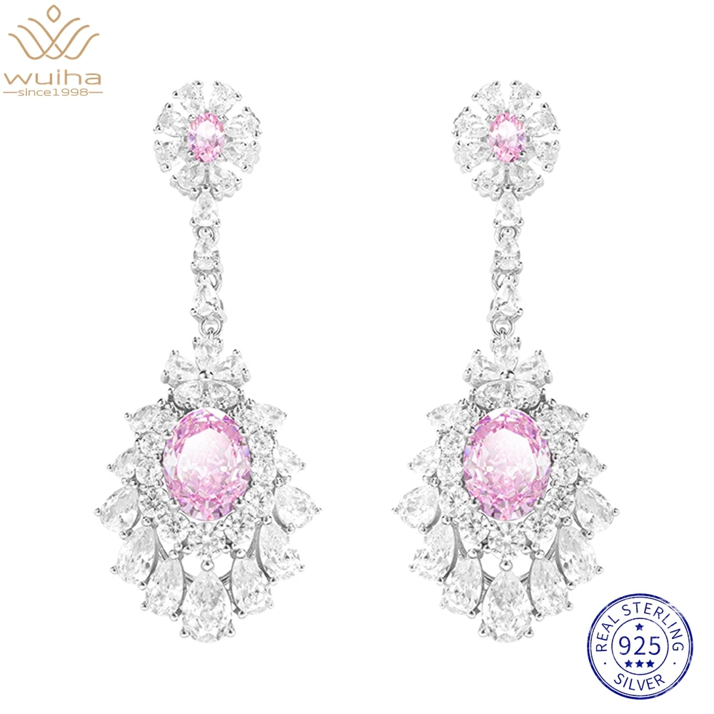 WUIHA Luxury Real 925 Sterling Silver Oval Cut 2CT Pink Sapphire Created Moissanite Diamond Wedding Drop Earrings for Women Gift