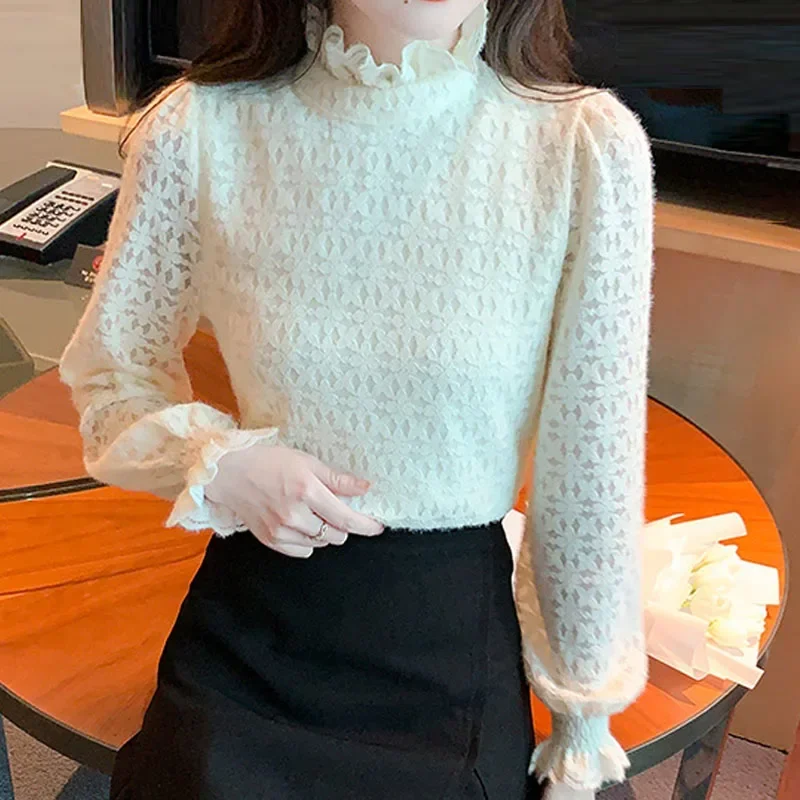 Модная женская блузка с длинным рукавом бархатная утолщенная кружевная рюшами