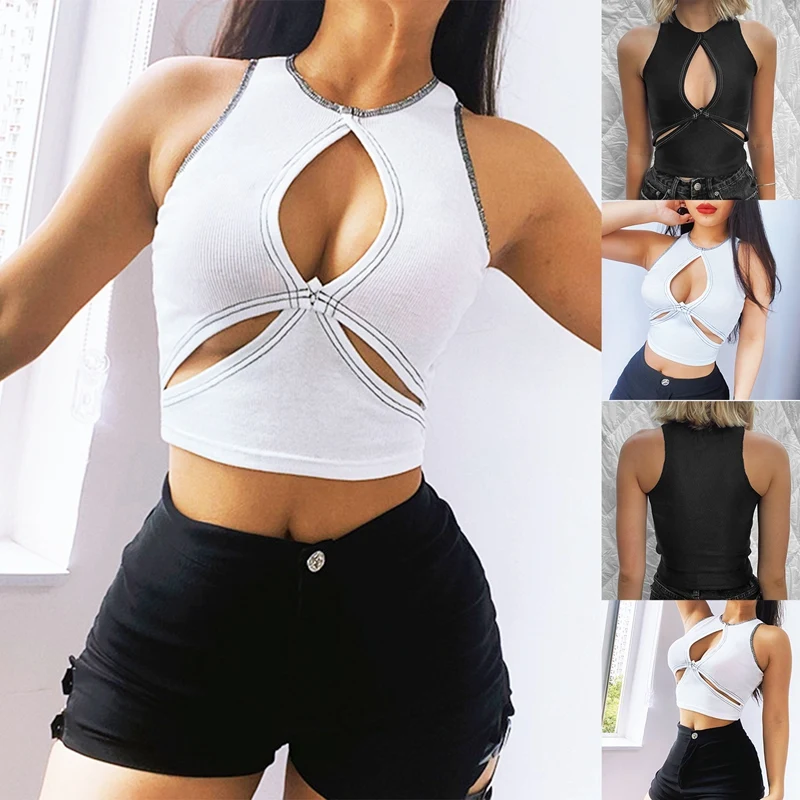 

Y2K Streetwear Hollow Out Crop Tanks Punk Aesthetics Ribbed Cut Out Sleeveless Vests Vintage Cute Outfits