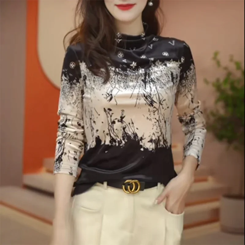 Spring Autumn New Velvet Flower Printed Women's Shirt High-end Versatile Slim Fit Pullover Casual Temperament Warm Top for Women