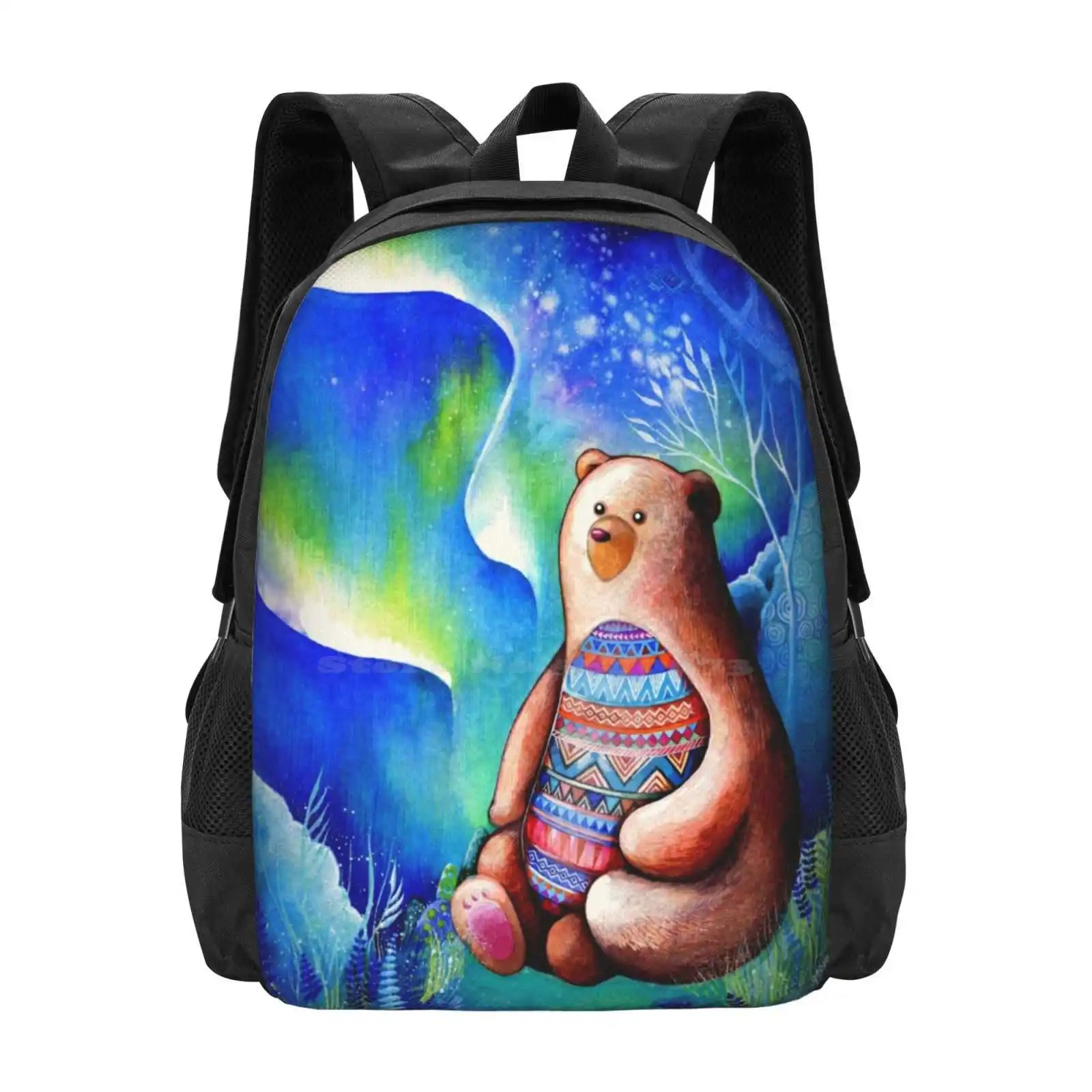 

Spirit Bear 3D Print Design Backpack Student Bag Black Bear Art Nature Fantasy Watercolor Landscape Blue Forest Woods Woodland