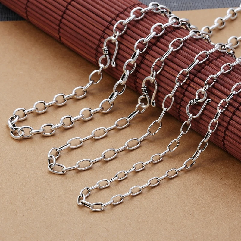 

Real Pure S925 Sterling Silver Chain Men Women Lucky Gift Width 4-6mm Circle Oval Link Necklace 45cm-70cm