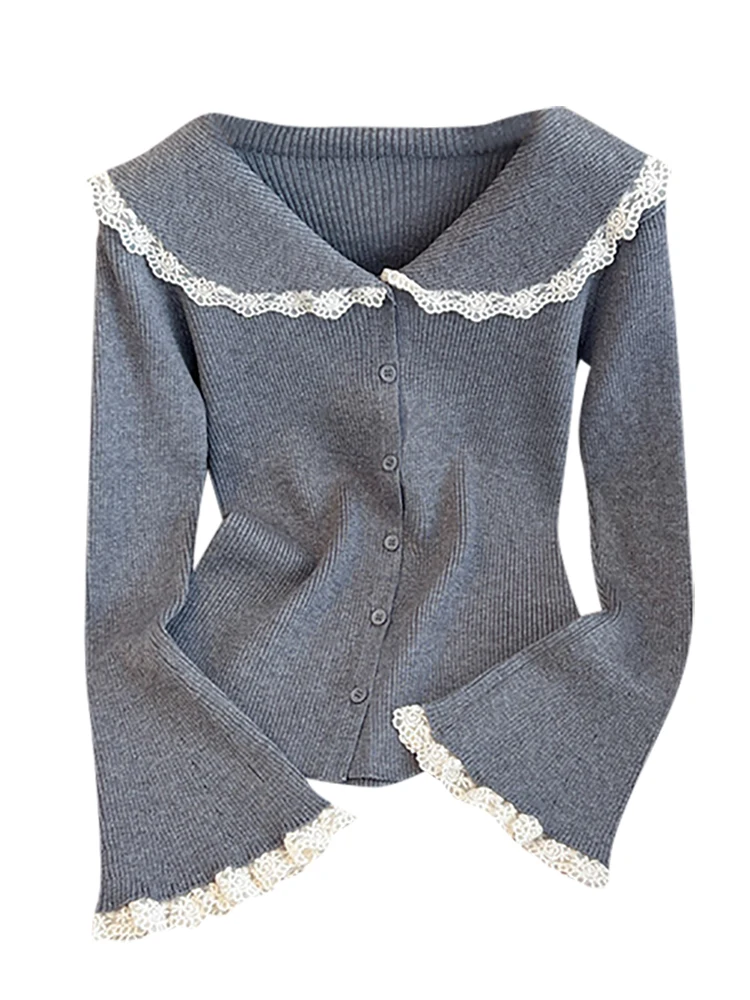 Self-Retained Recommend ~ Lace Doll Collar Bell Sleeve Knit Women Autumn New Chic Base Top