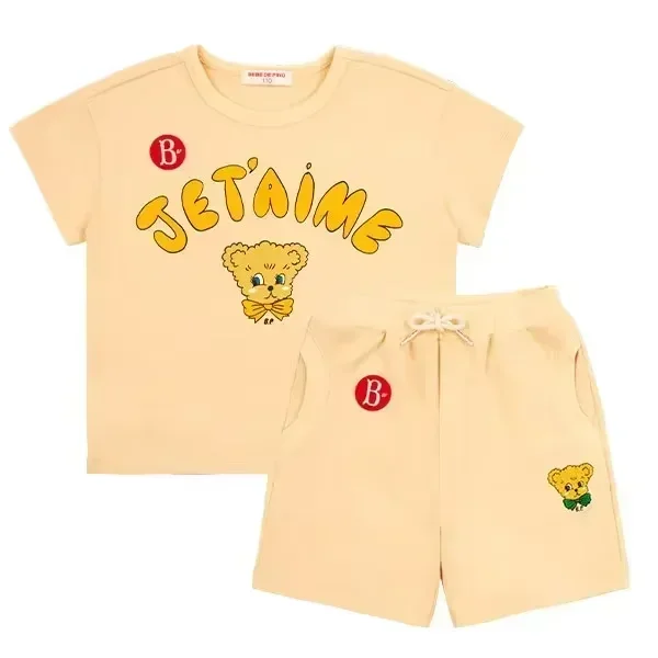 Фото Детский милый костюм 25 Korean BEBE, летний новый комплект из чистого хлопка для мальчиков и девочек, футболка и шорты, одежда для малышей №3