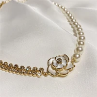 ajojewel shiny white camellia flower choker necklace splicing rhinestone simulated pearl short neckces jewelry wholesale