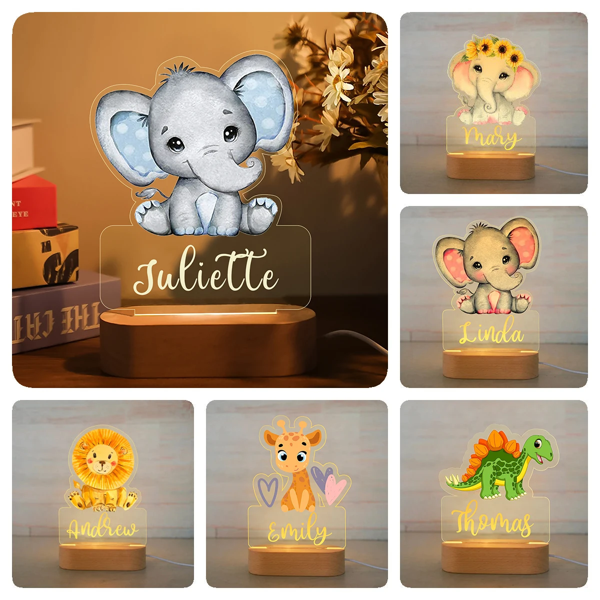 Personalized Children Animal LED USB Night Light Custom Name Acrylic Lamp For Baby Kids Bedroom Home Decoration Birthday Gift