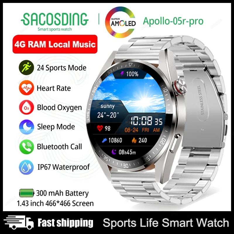 

4GB Local Music Smart Watches Recording Voice Assistant AMOLED Screen Smartwatch Bluetooth Call Smart Watch For Men Android 2023