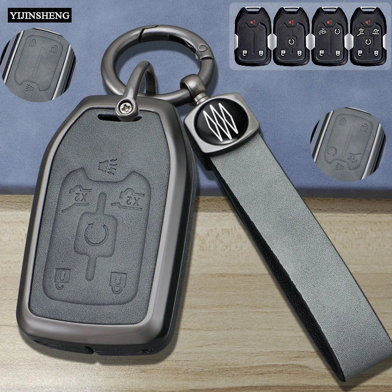 Zinc Alloy + Leather Car Key Case Cover For Chevrolet Silverado GMC Sierra 1500 2500HD 3500HD Terrain Acadia 2020 2021 2022