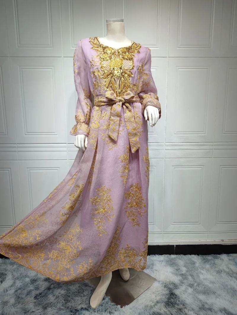 Muslim Fashion Dresses 2023 Spring Summer Muslim Women Long Sleeve V-neck Polyester Embroidery Long Dress Muslim Abaya