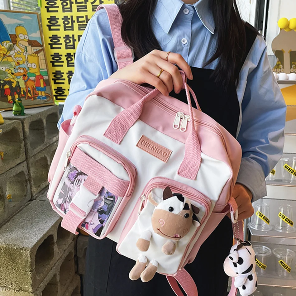 

Lovely Cow Cartoon Backpack Women Korean Style Cute Shoulder Bags for Teenager Girls Travel Bag Clear Pocket Small School Bags