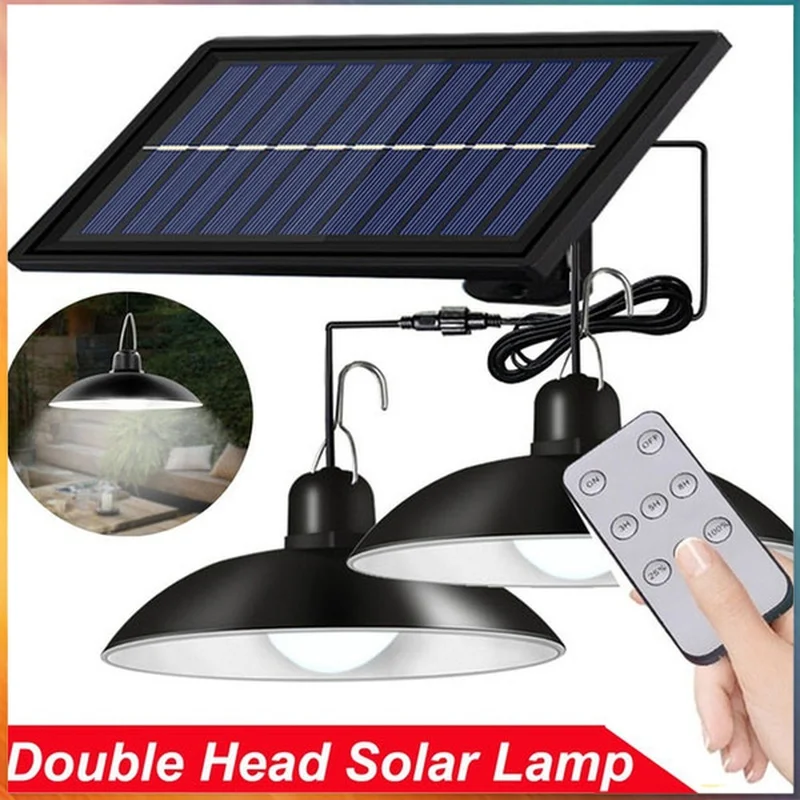 Solar Pendant Light Outdoor Waterproof LED Lamp Double-head Chandelier Decorations with Remote Control for Indoor Shed Barn Room