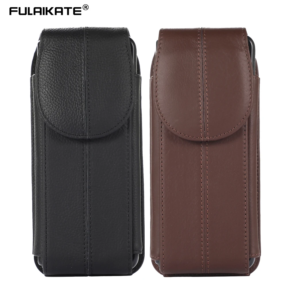 

FULAIKATE First Layer Cowhide Phone Bag for Samsung Galaxy Z Fold3 5G Vertical Waist Pouch Men's Portable Holster Hang on Belt
