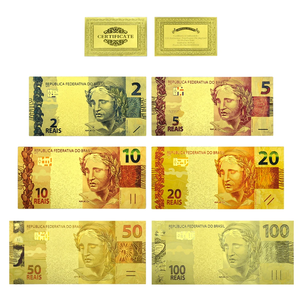 

6pcs/set Brazilian Gold Foil Banknotes Fake Paper Brazilian Uncurrent Money Home Decoration Fans Collection Holiday Gfit