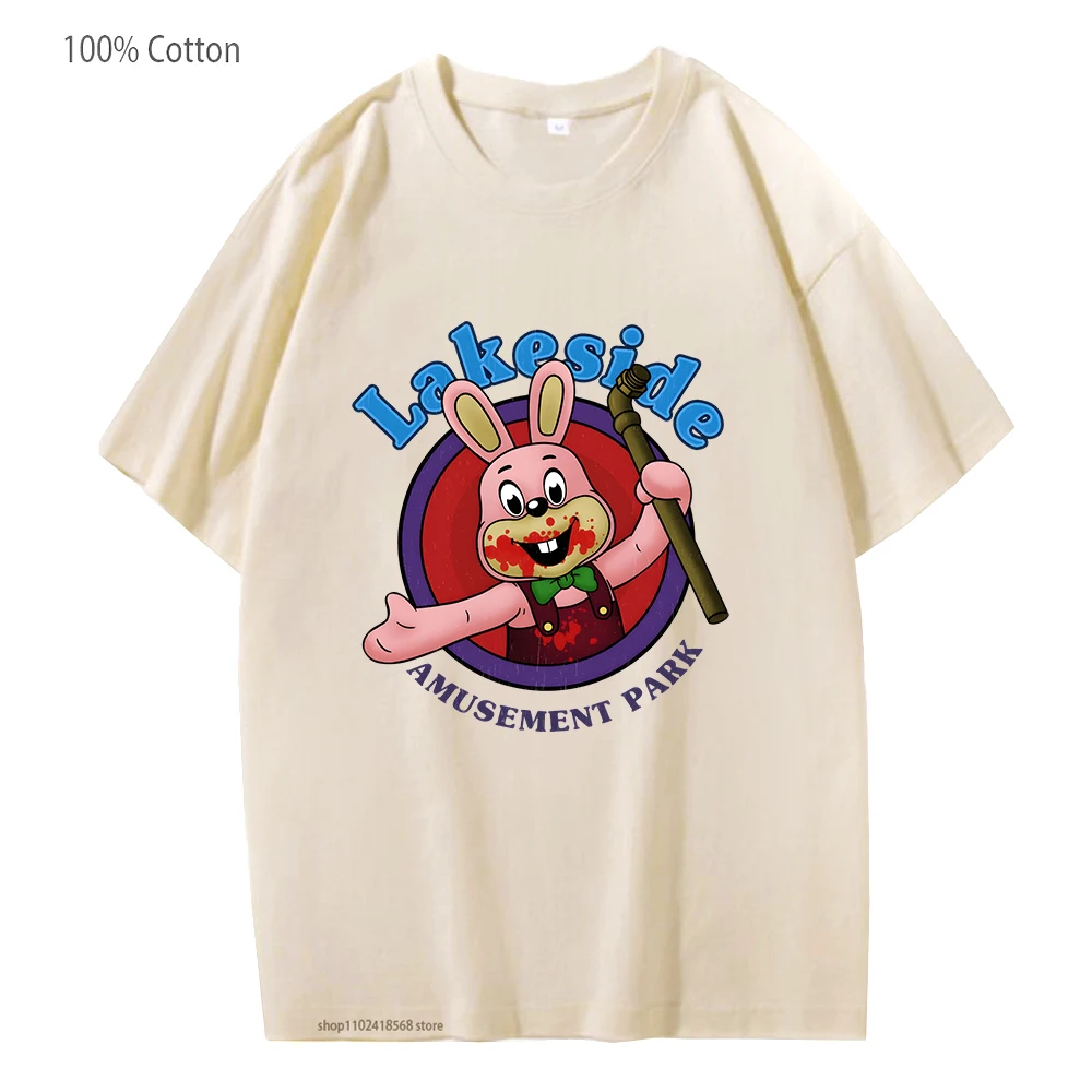 

Lakeside Amusement Park Shirt Robbiee The Rabbit Tshirts Aesthetic Bunny Doll T Shirts 100% Cotton Tees Short Sleeve Clothes Men