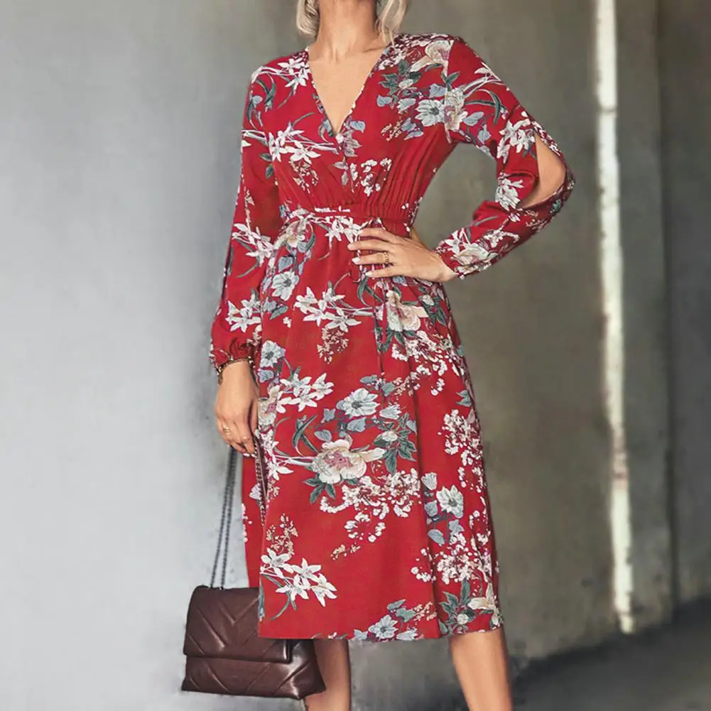 

Women Dress High-Waist Midi Dress Spring Autumn Floral Print Casual Midi Dress